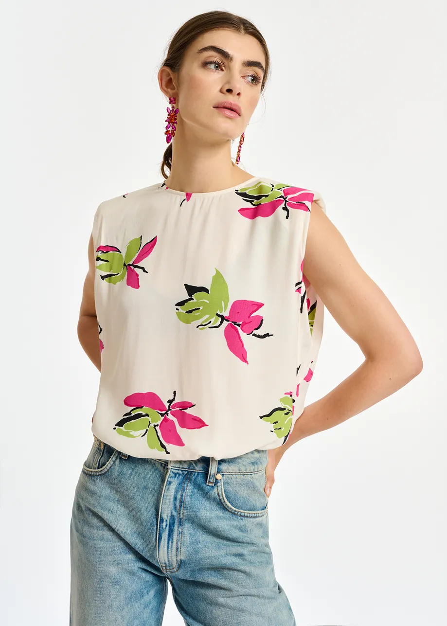 Off-white floral-print sleeveless top with padded shoulders