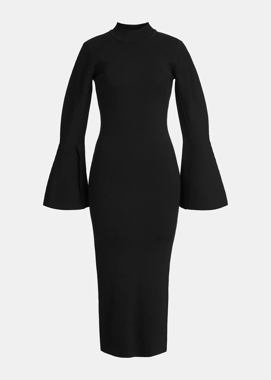 Zwarte gebreide midi-jurk met trompetmouwen
