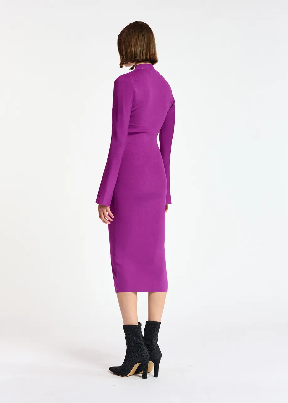 Purple midi-length knit dress with trumpet sleeves