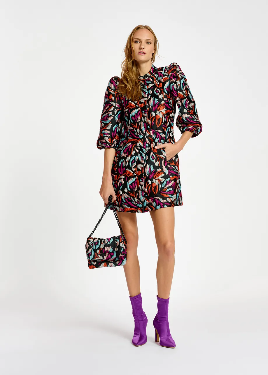 Black, orange and purple jacquard mini dress