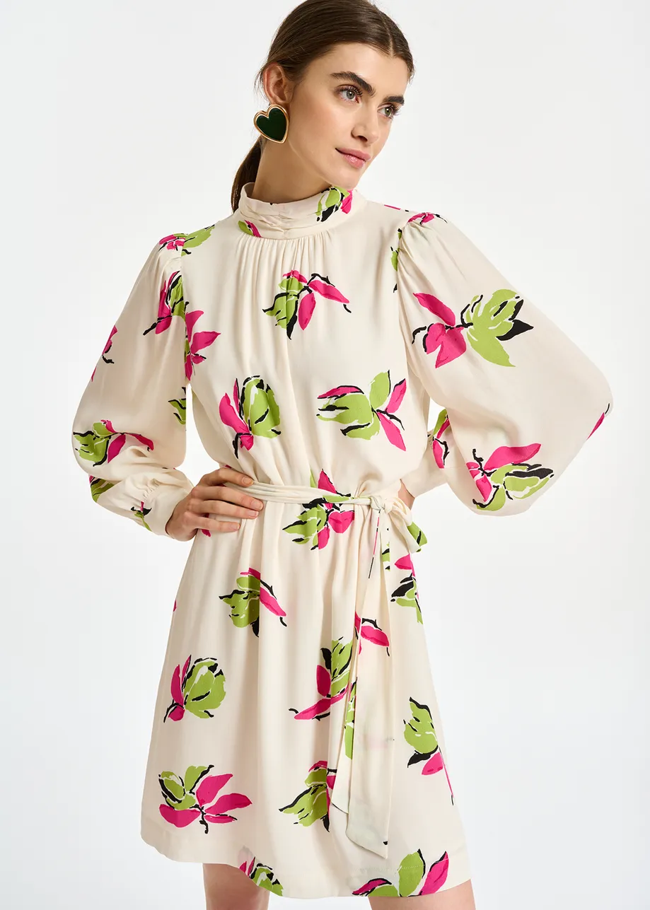 Gebroken witte mini-jurk met bloemenprint