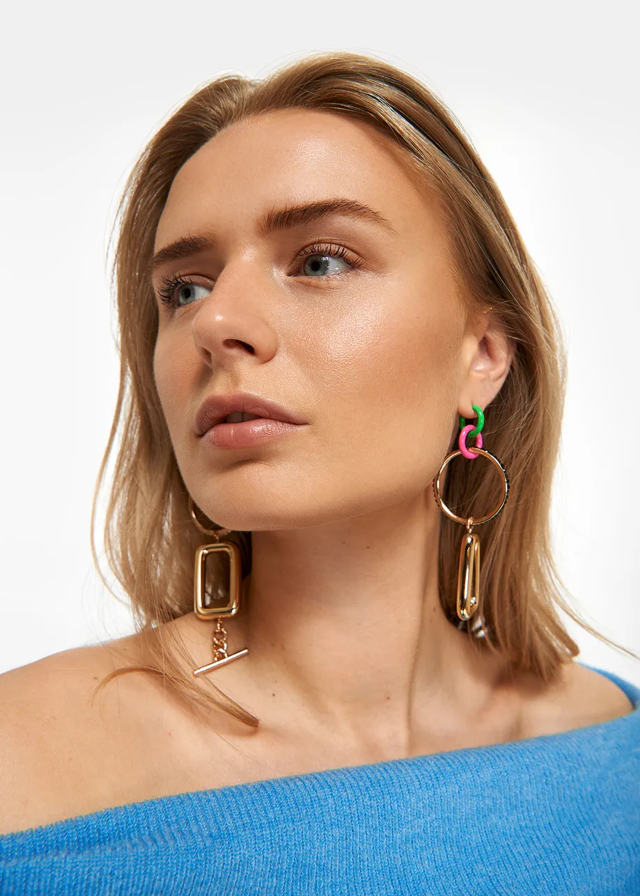 Long purple, green and gold-tone earrings