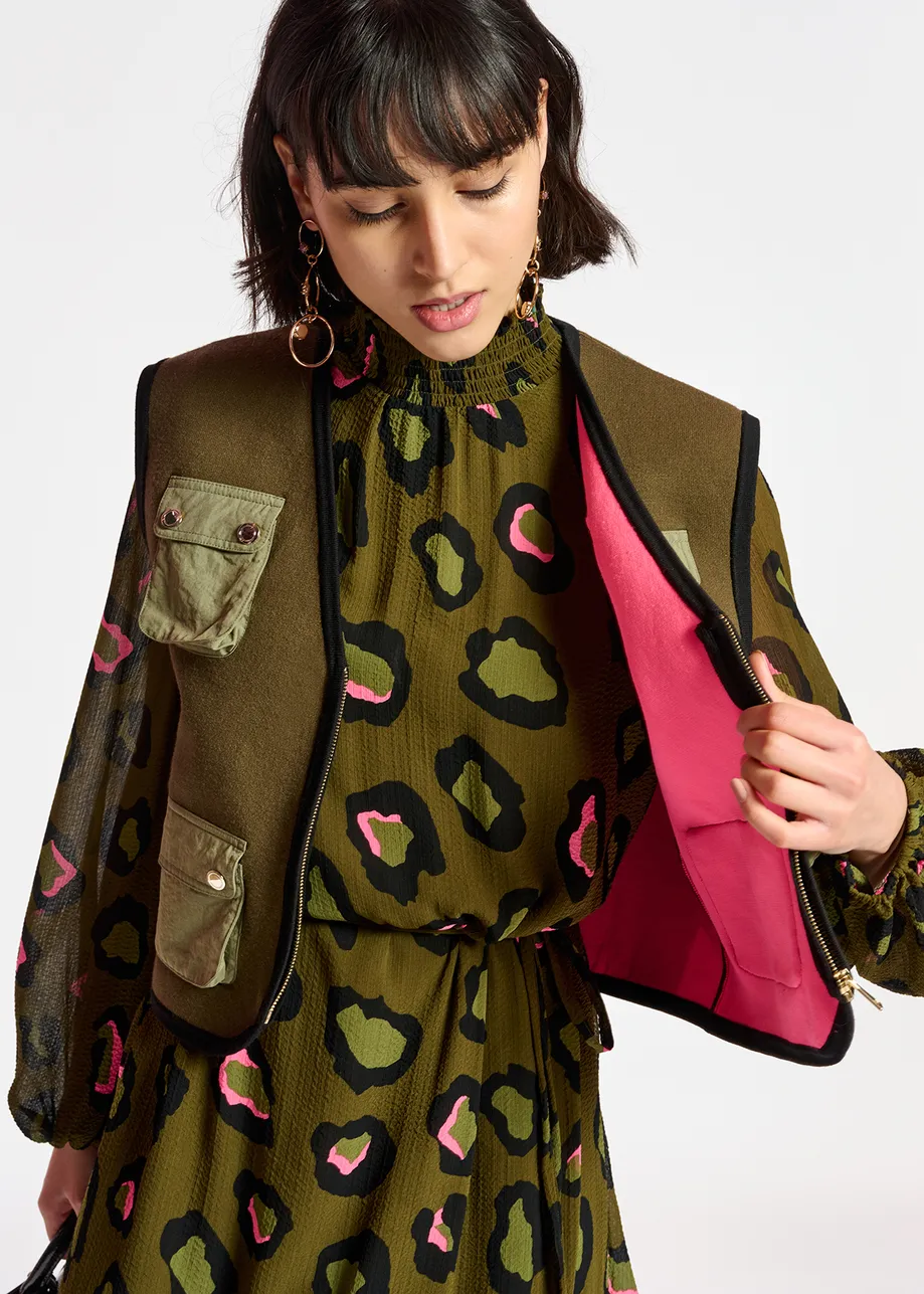 Khaki sleeveless knit jacket