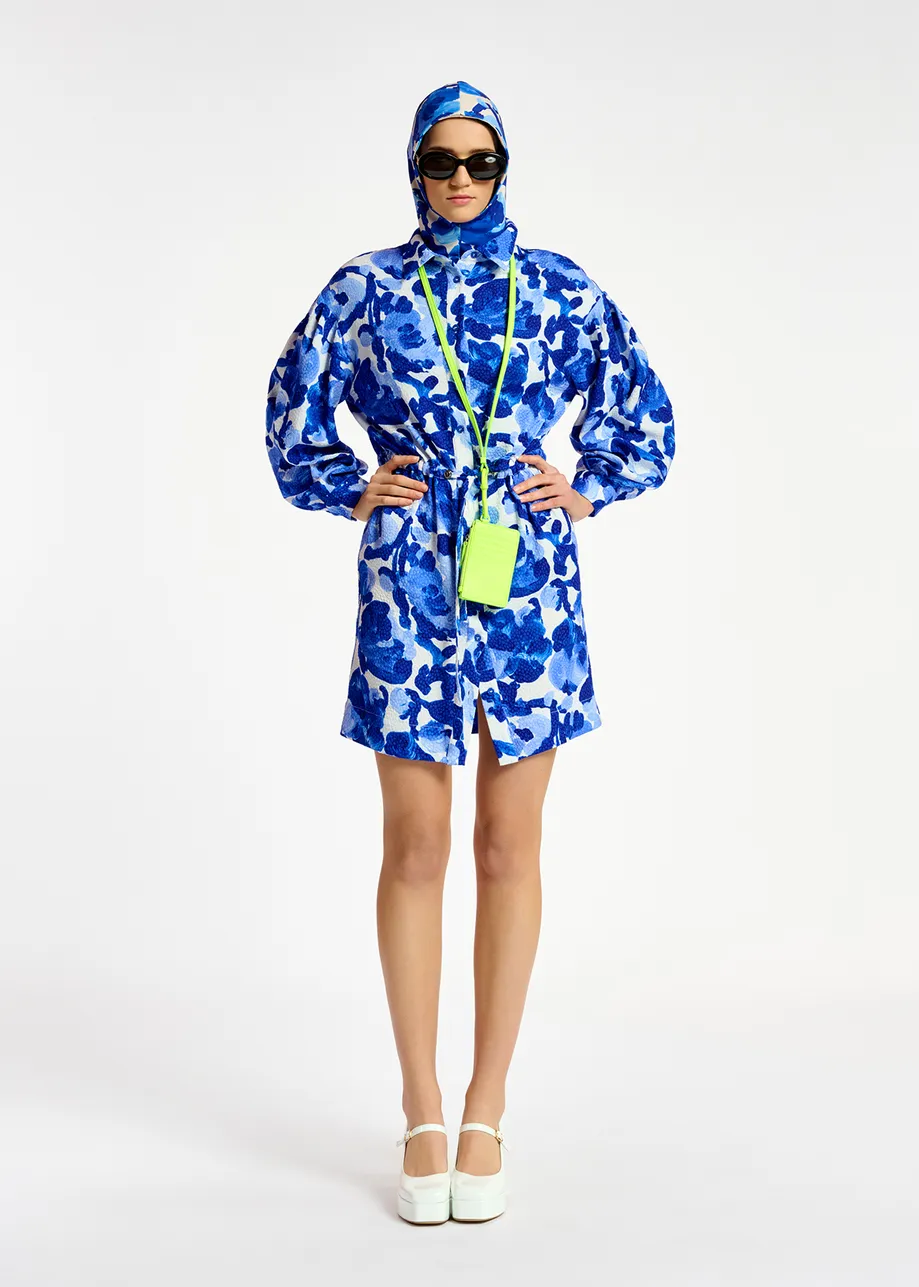 White and blue floral print mini dress