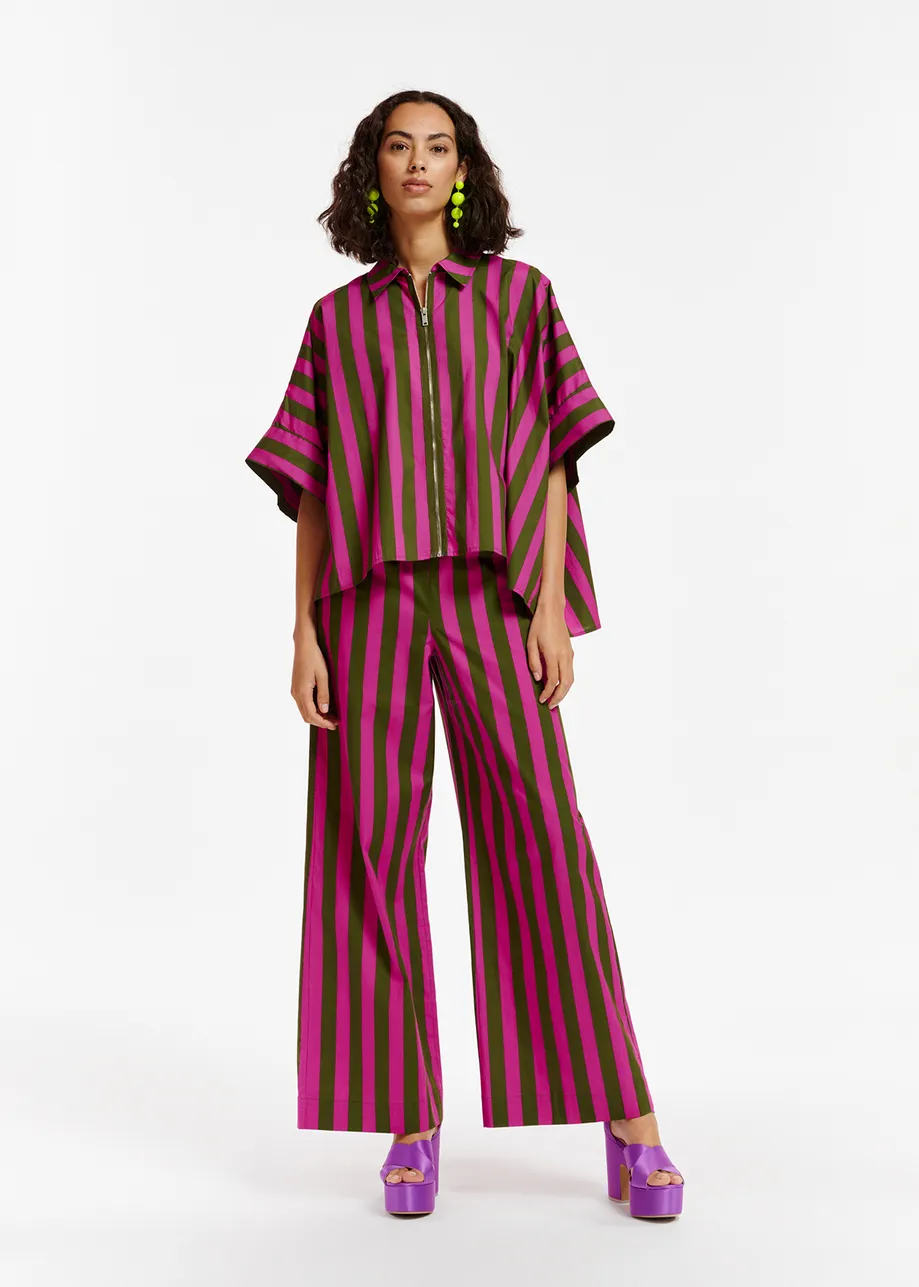 Green and purple striped cotton wide-leg pants