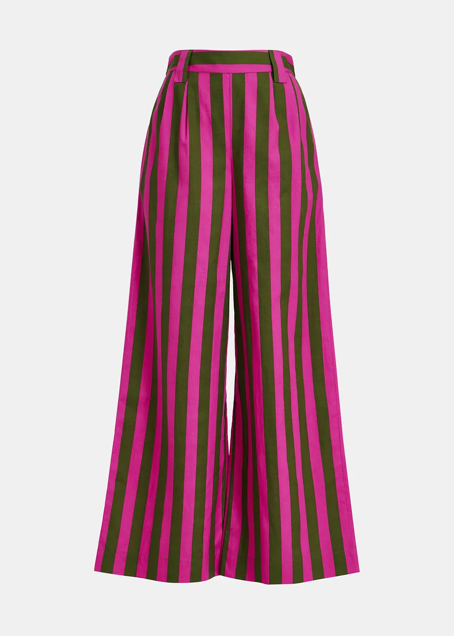 Green and purple striped cotton wide-leg pants