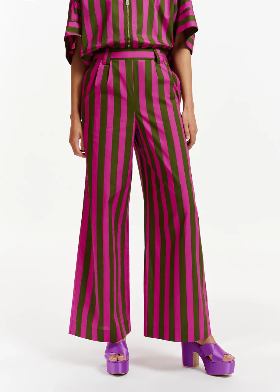 Green and purple striped cotton wide-leg pants