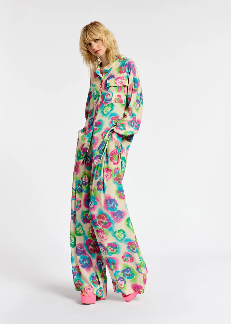 Off-white, pink and blue floral print wide-leg pants