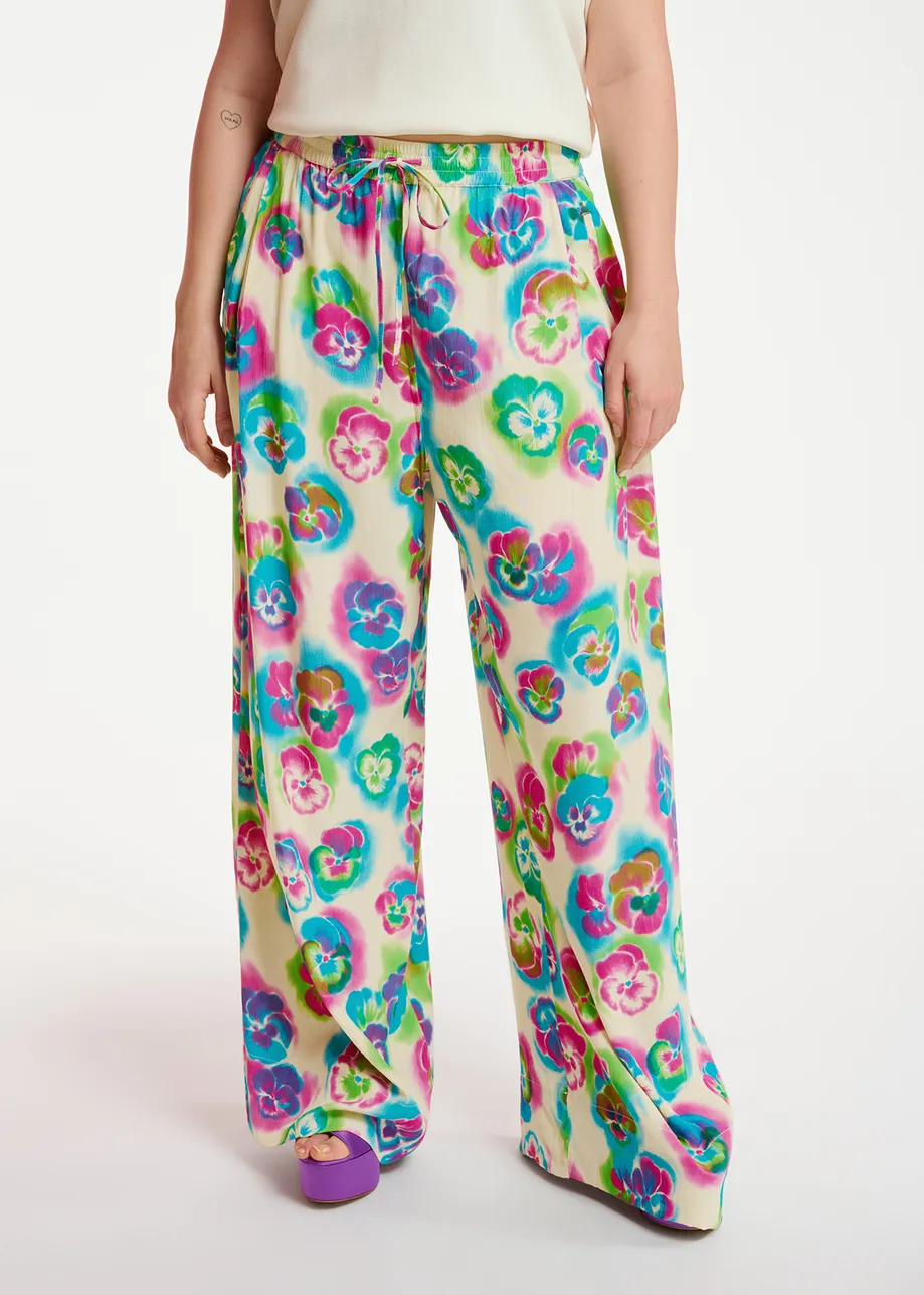 Off-white, pink and blue floral print wide-leg pants
