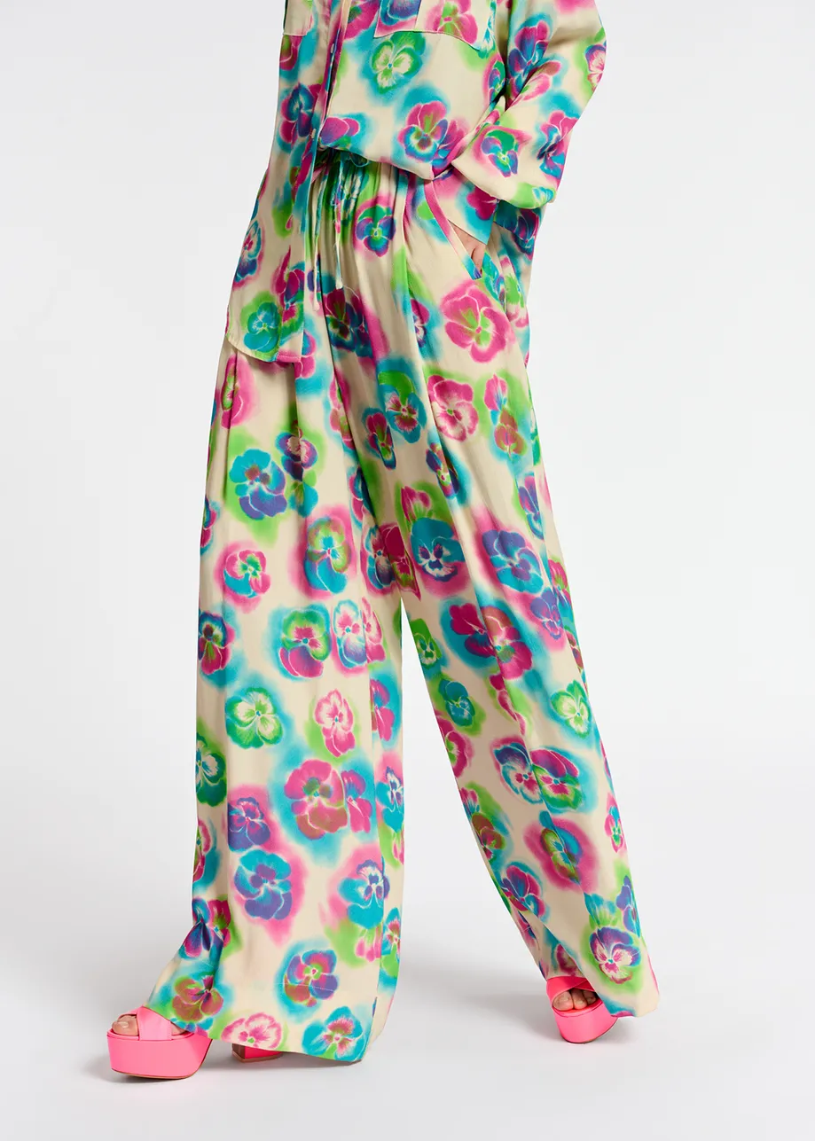 Off-white, pink and blue floral print wide-leg pants