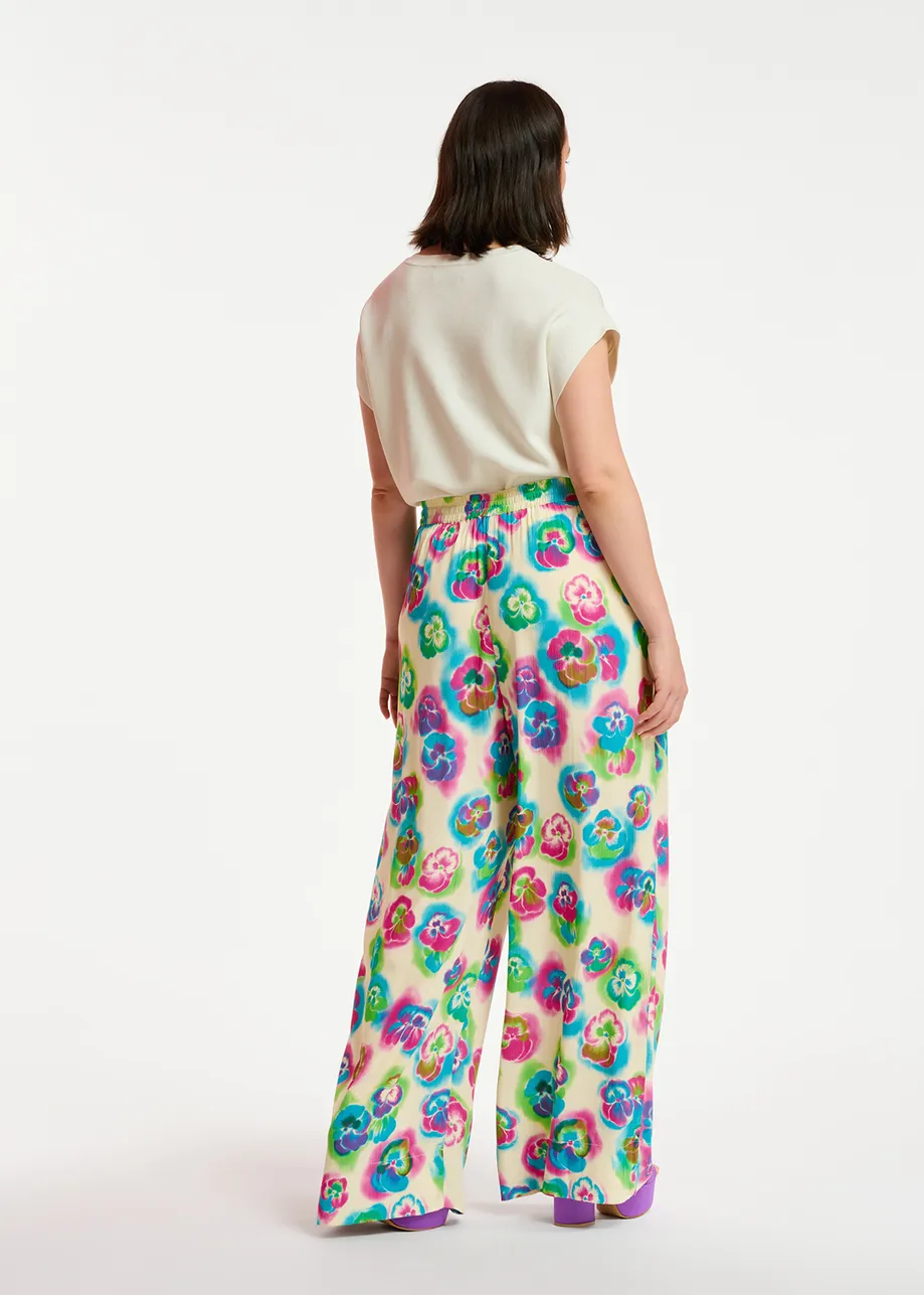 Off-white, pink and blue floral print wide-leg pants