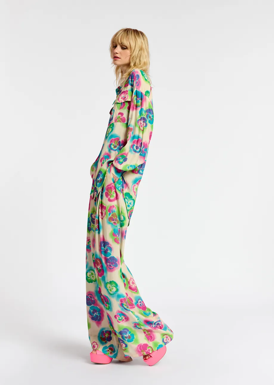 Off-white, pink and blue floral print wide-leg pants