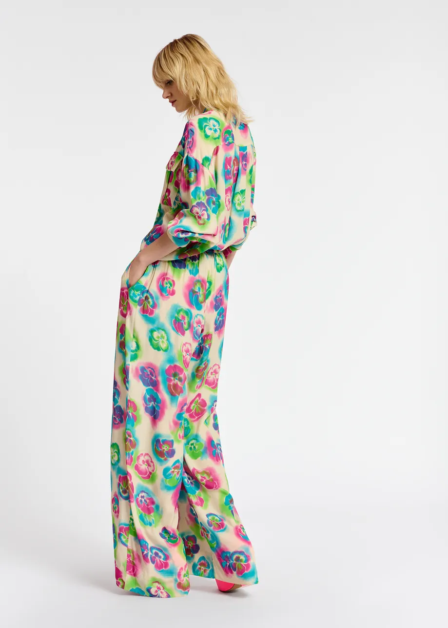 Off-white, pink and blue floral print wide-leg pants