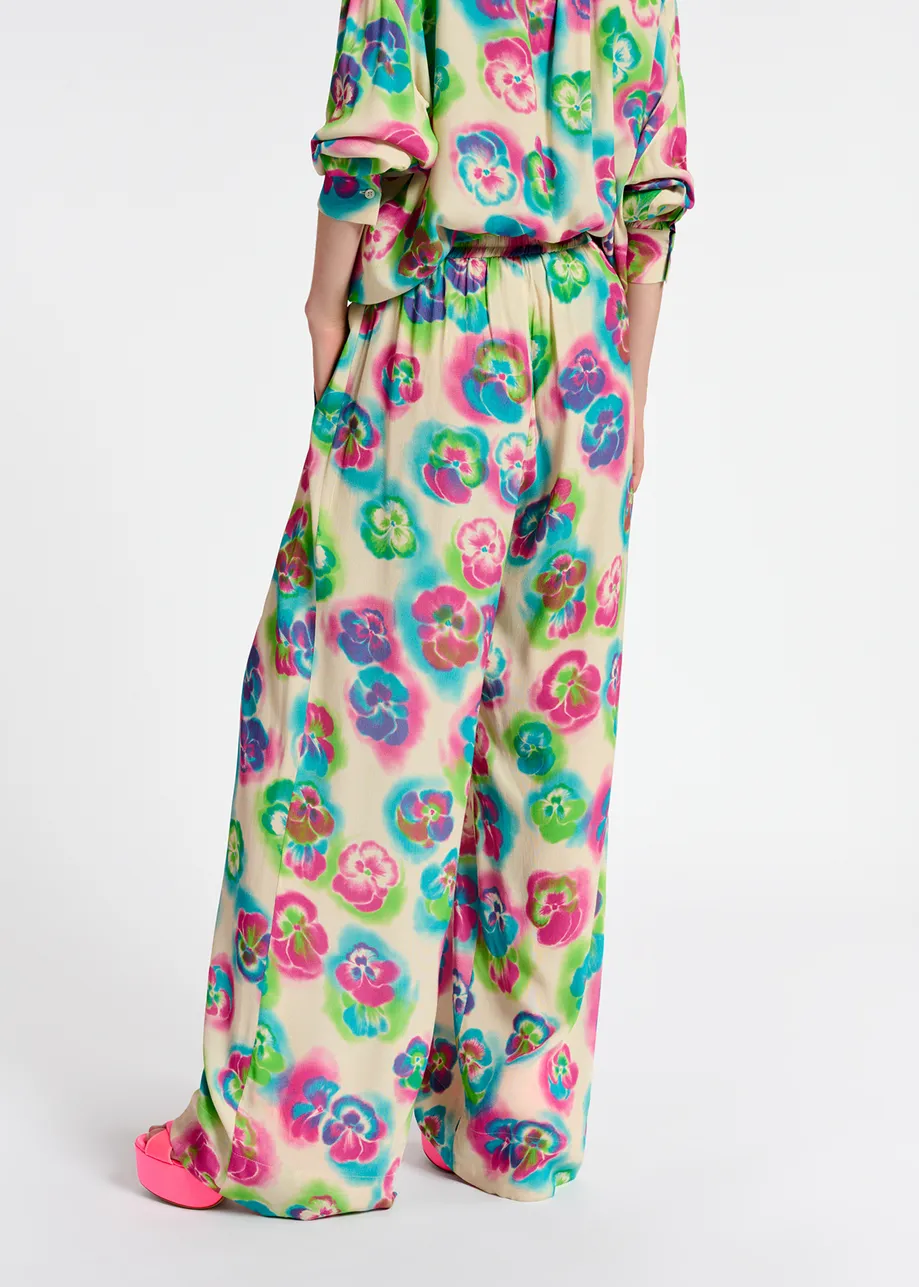 Off-white, pink and blue floral print wide-leg pants