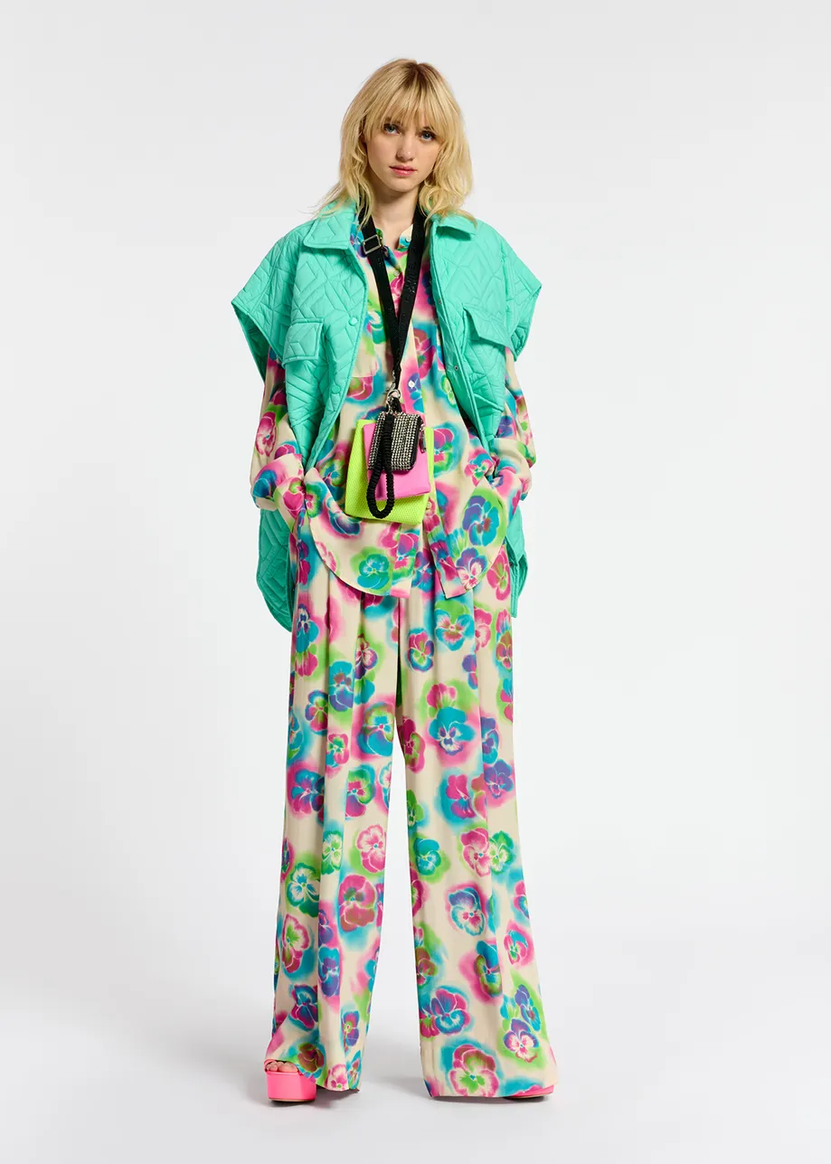 Off-white, pink and blue floral print wide-leg pants