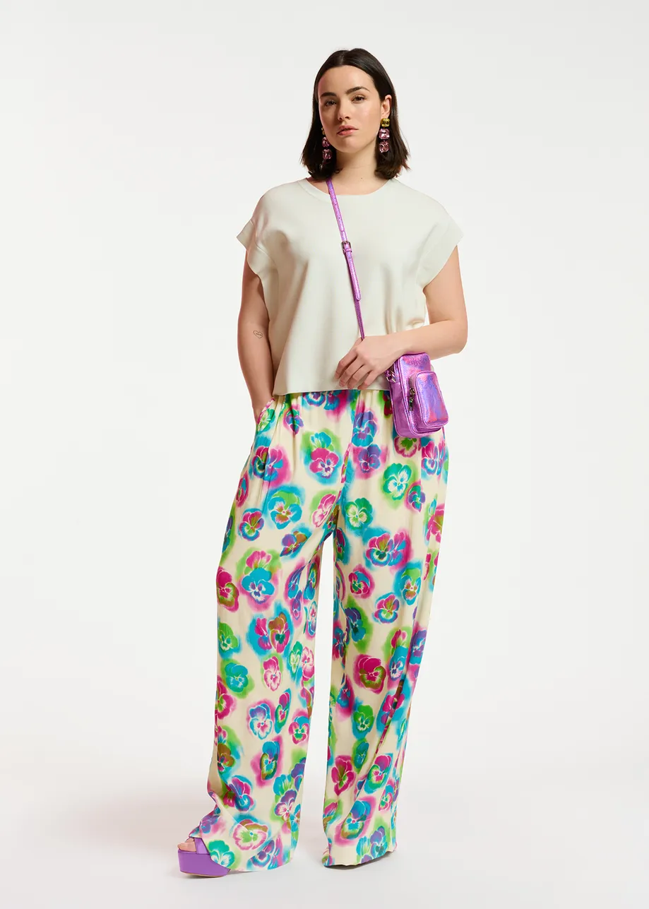 Off-white, pink and blue floral print wide-leg pants