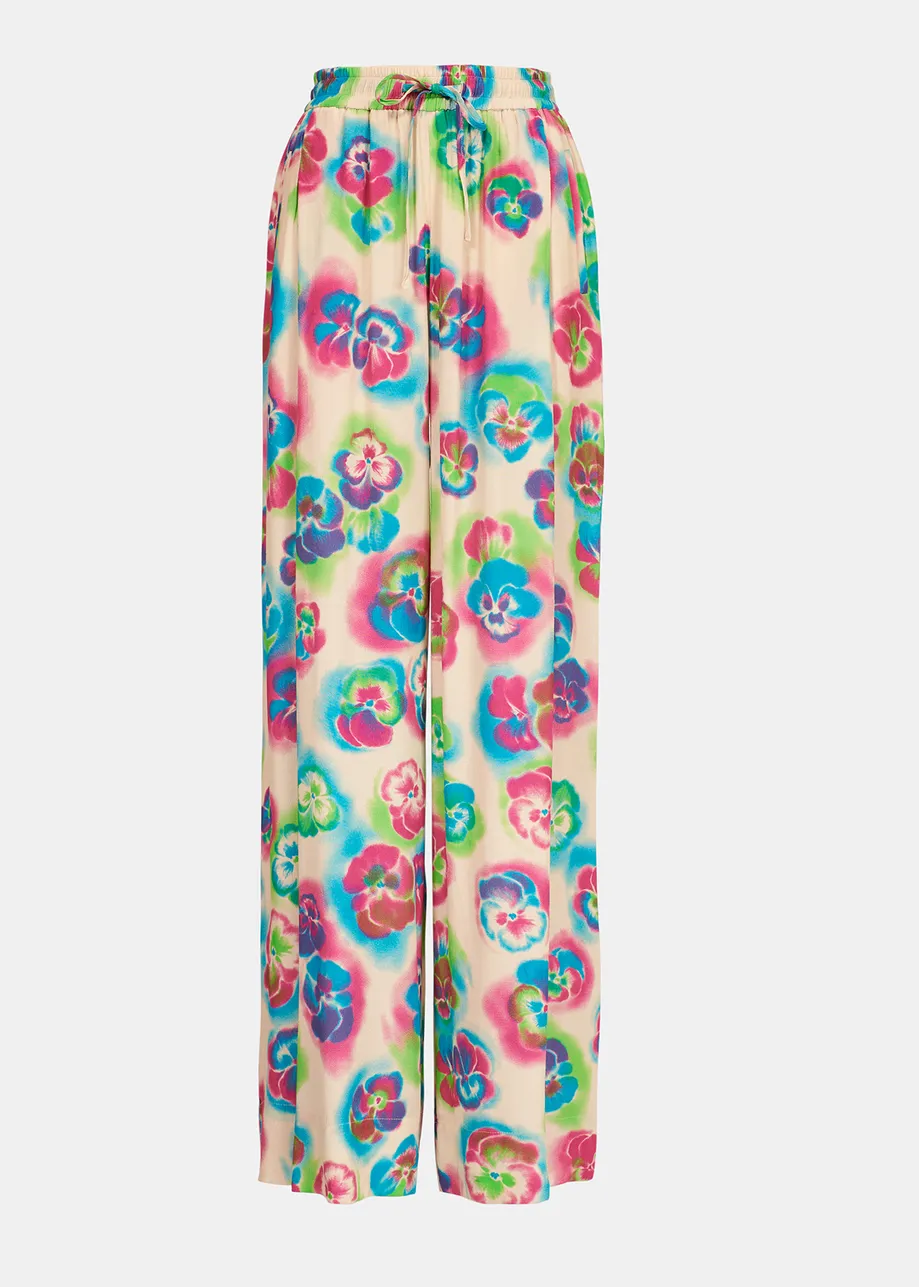 Off-white, pink and blue floral print wide-leg pants