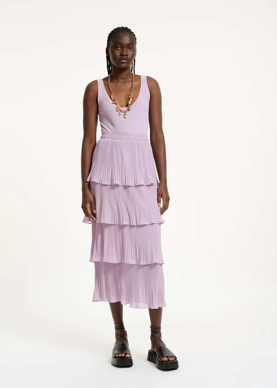 Lilac ruffled plissé midi-length skirt