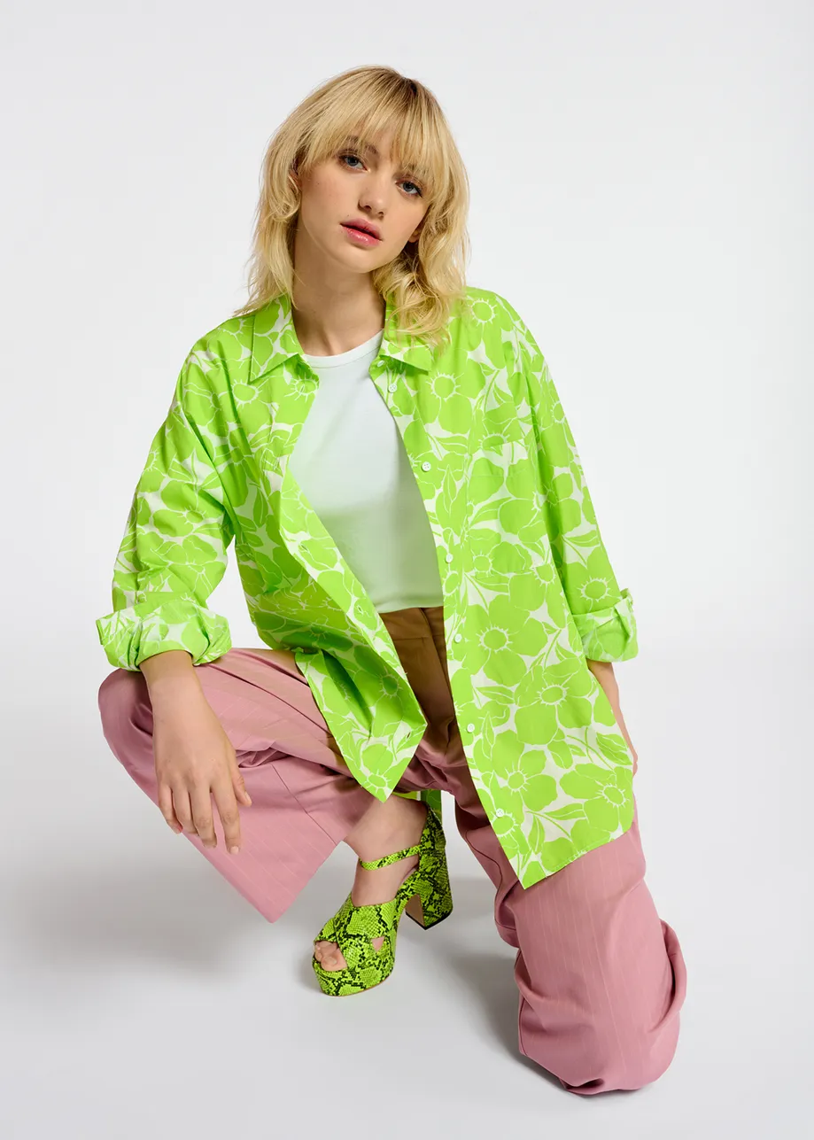 Lime green and white cotton shirt with floral print