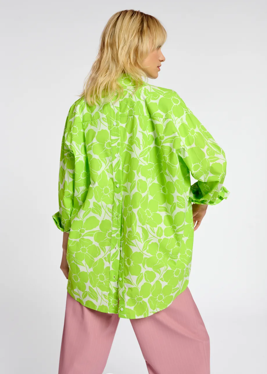 Lime green and white cotton shirt with floral print