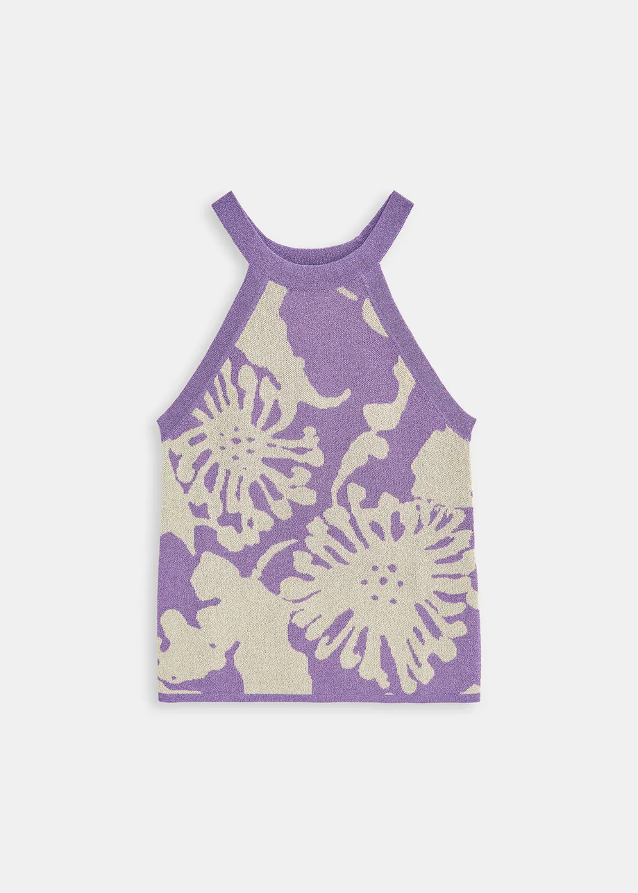 Beige and purple jacquard-knit lurex halterneck top