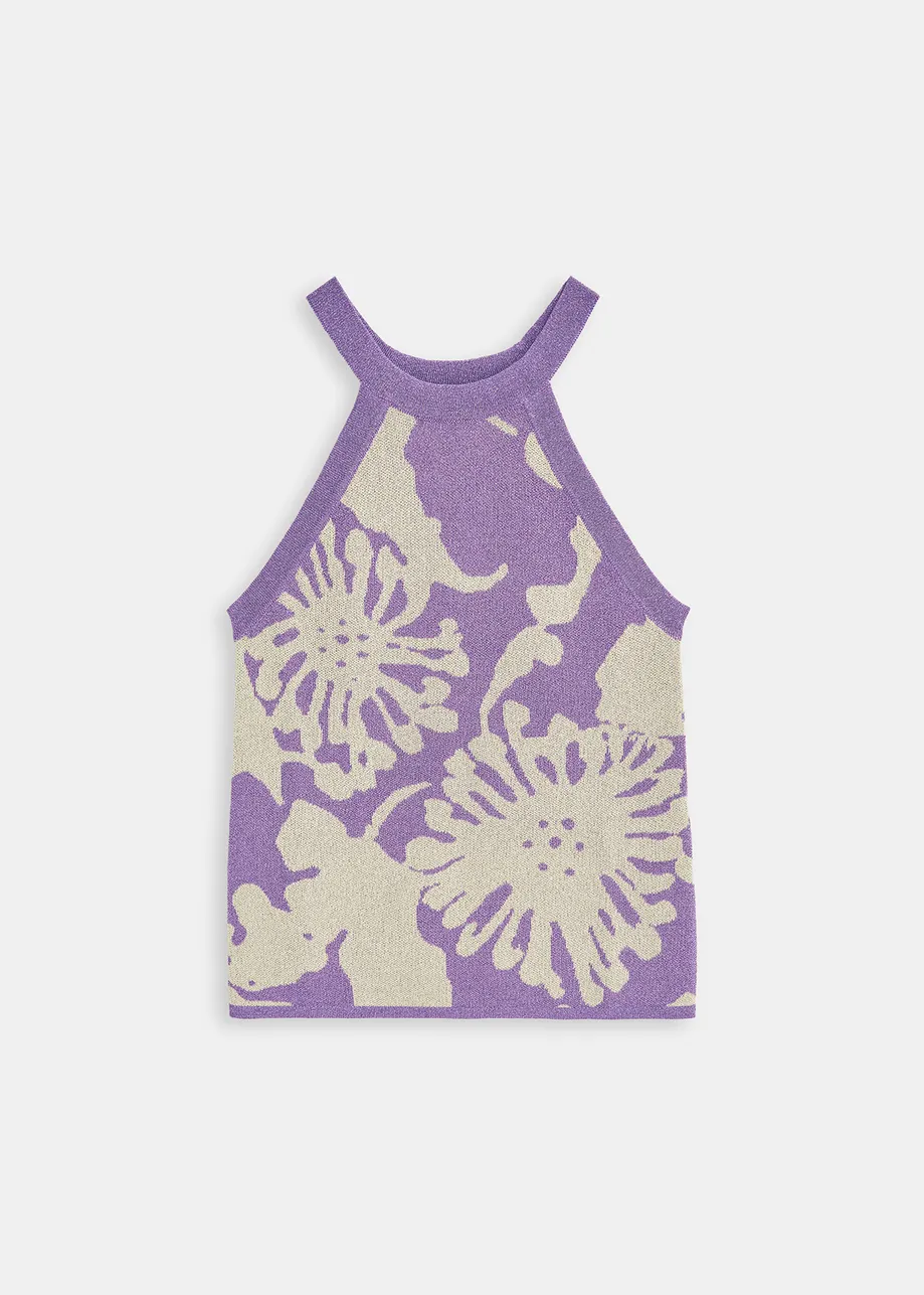 Top à encolure américaine beige et violet avec lurex