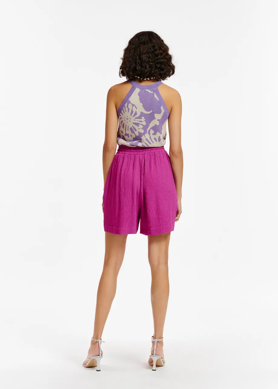 Beige and purple jacquard-knit lurex halterneck top