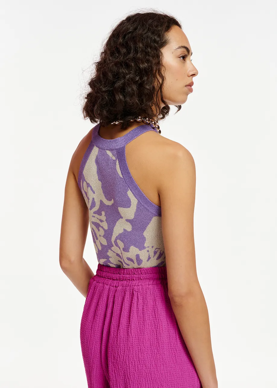 Beige and purple jacquard-knit lurex halterneck top