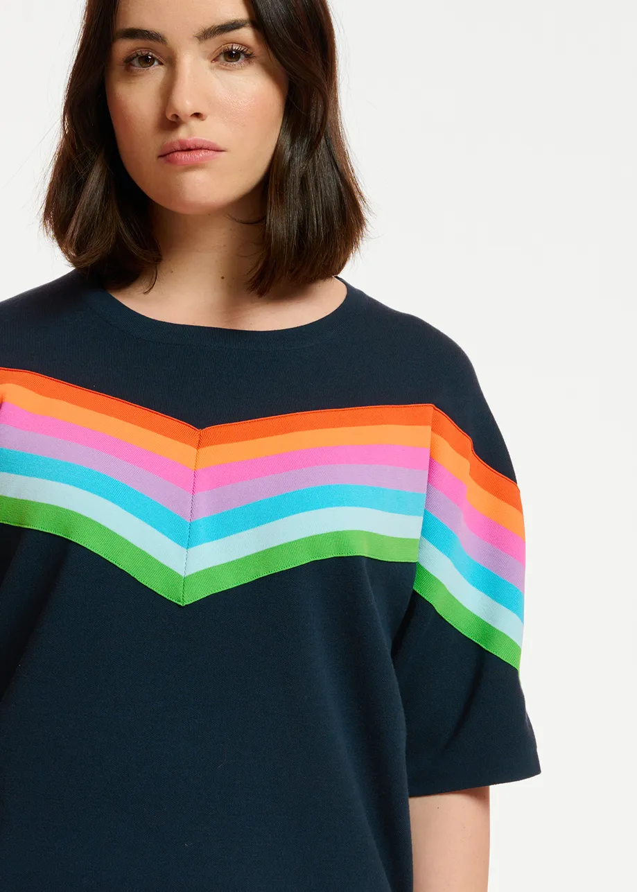 Dark blue knit sweater with multicolor stripes