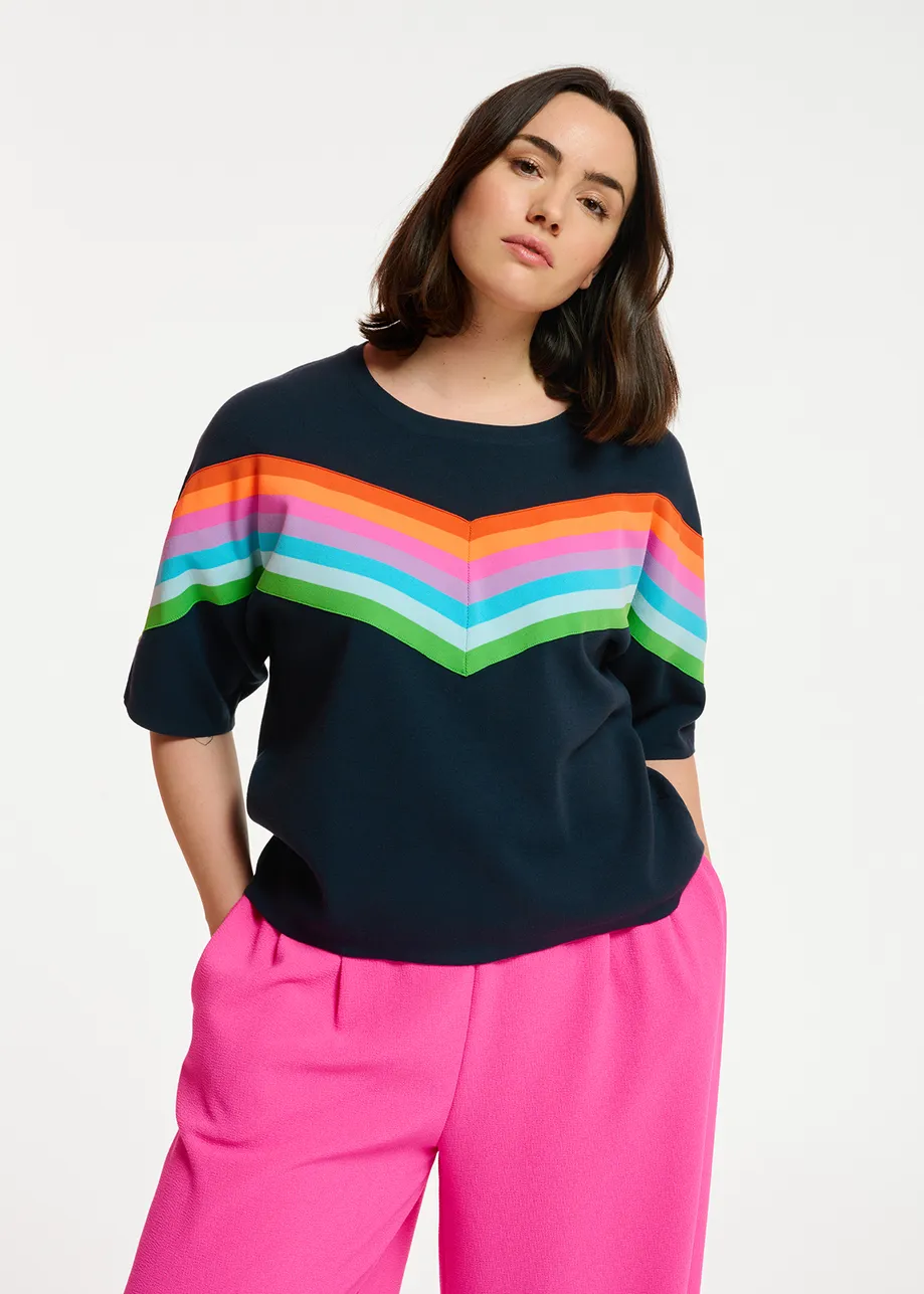 Dark blue knit sweater with multicolor stripes