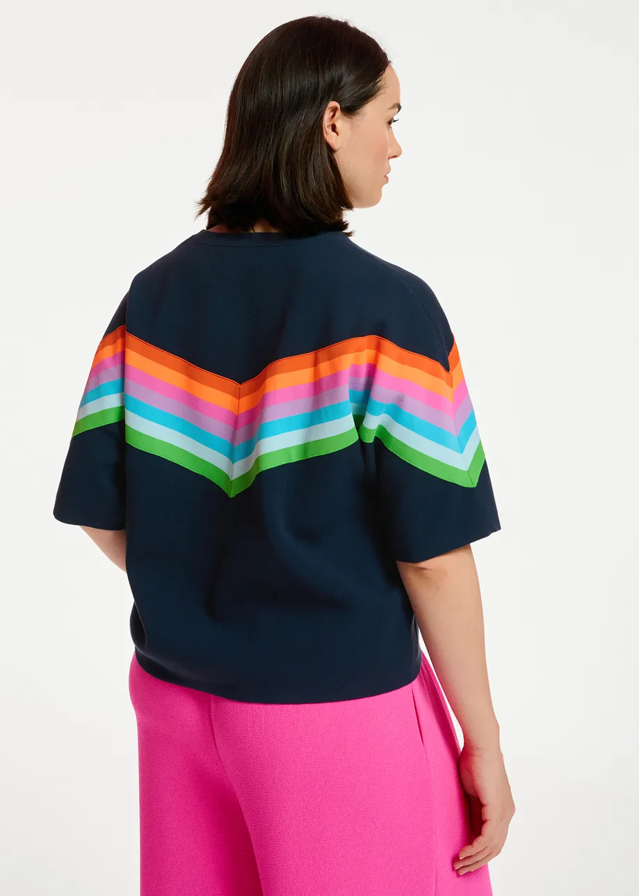 Dark blue knit sweater with multicolor stripes