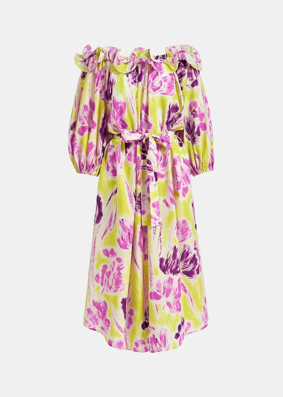 Yellow and purple floral print maxi-length dress