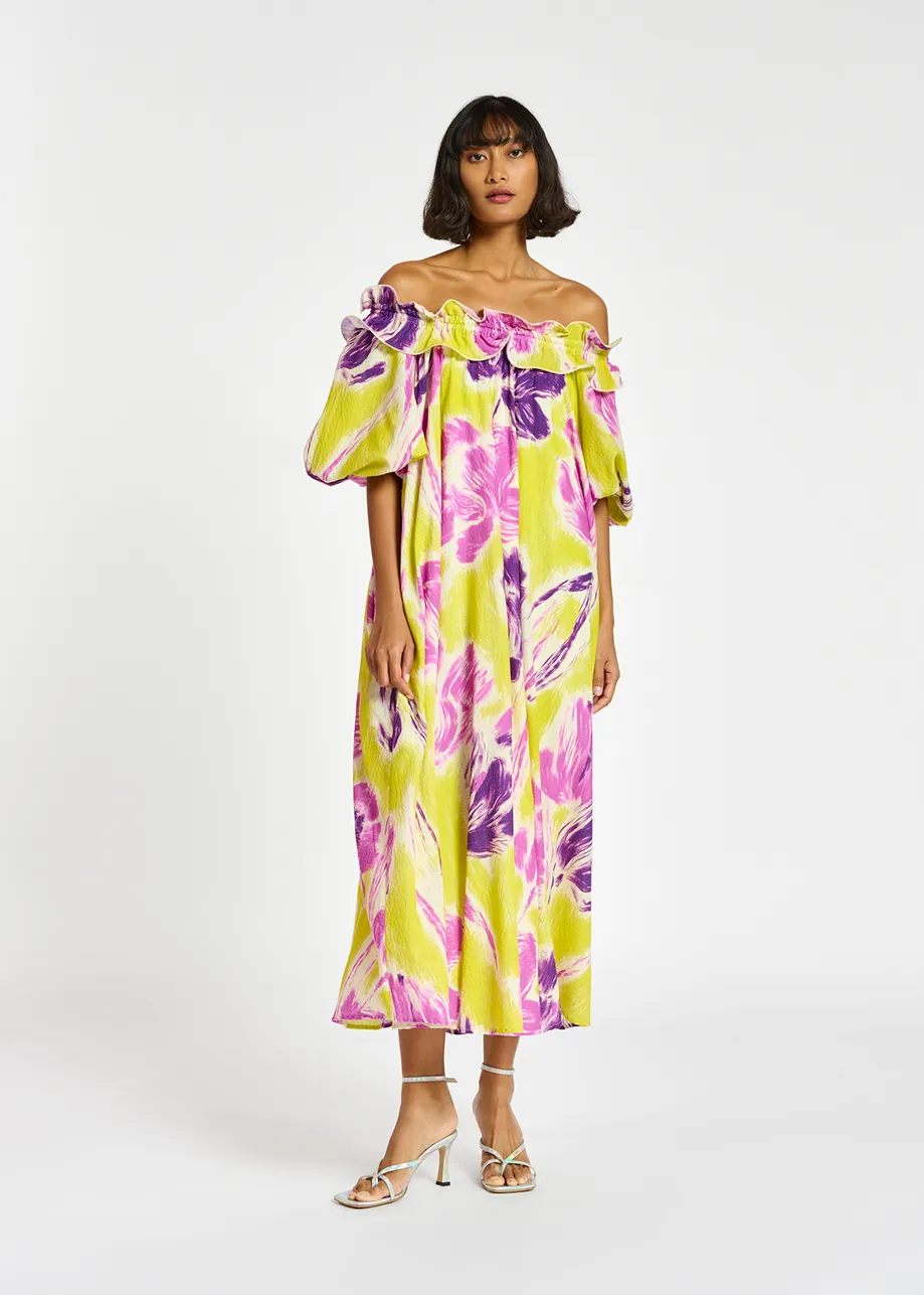 Yellow and purple floral print maxi-length dress