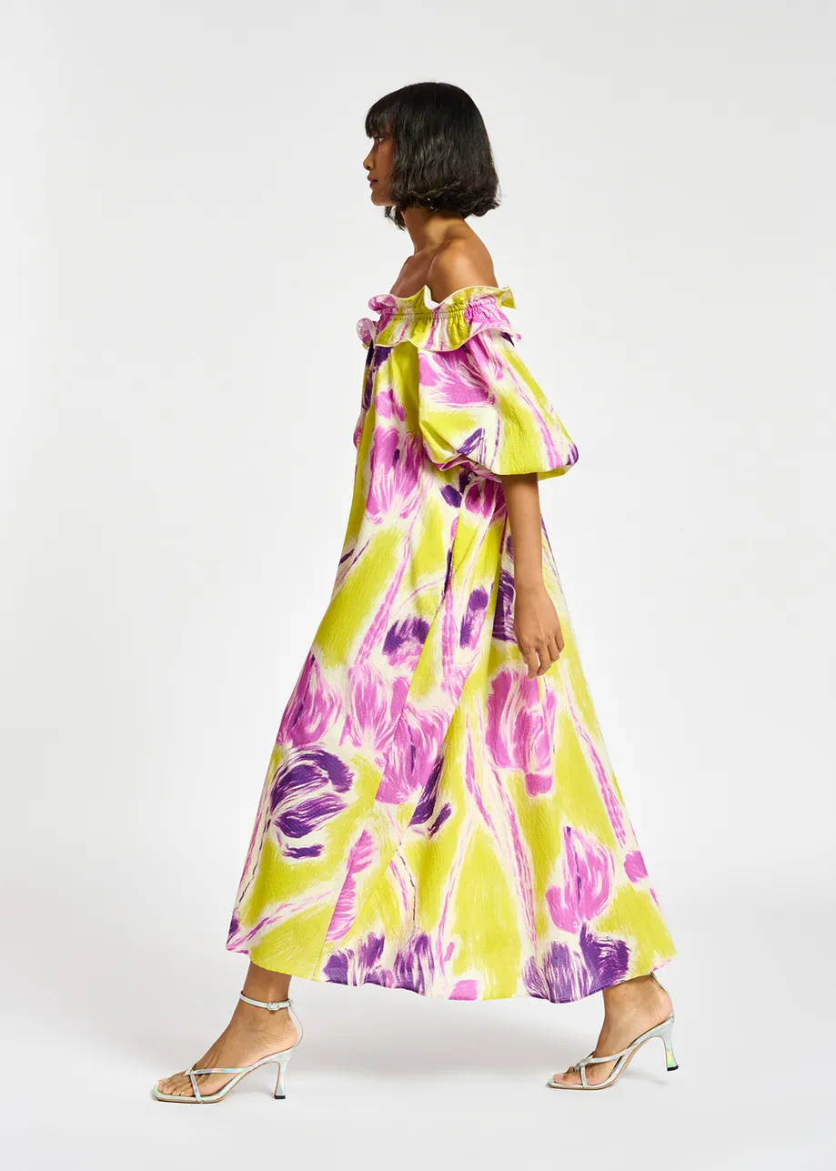 Yellow and purple floral print maxi-length dress