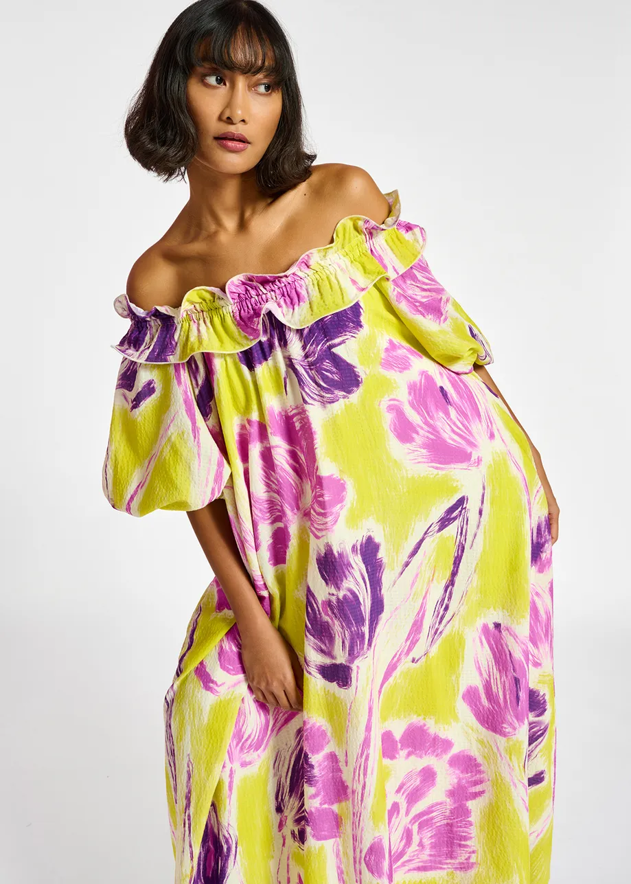 Yellow and purple floral print maxi-length dress