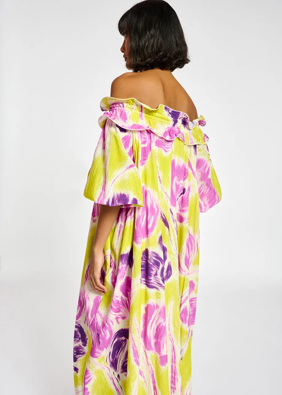 Yellow and purple floral print maxi-length dress