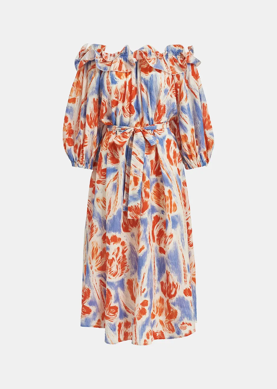 Light blue and orange floral print maxi-length dress