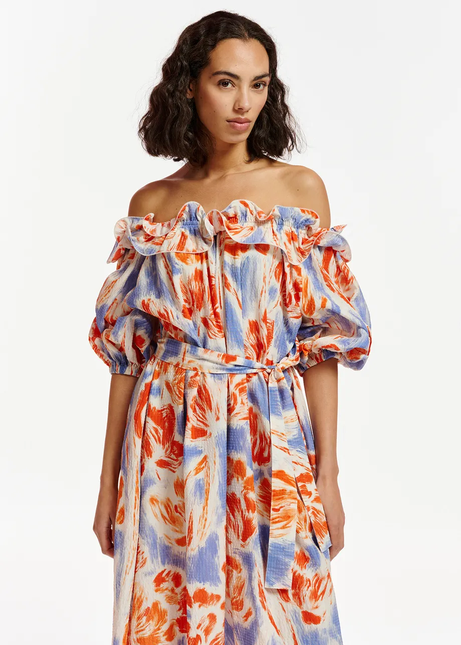 Maxi-jurk met lichtblauwe en oranje bloemenprint