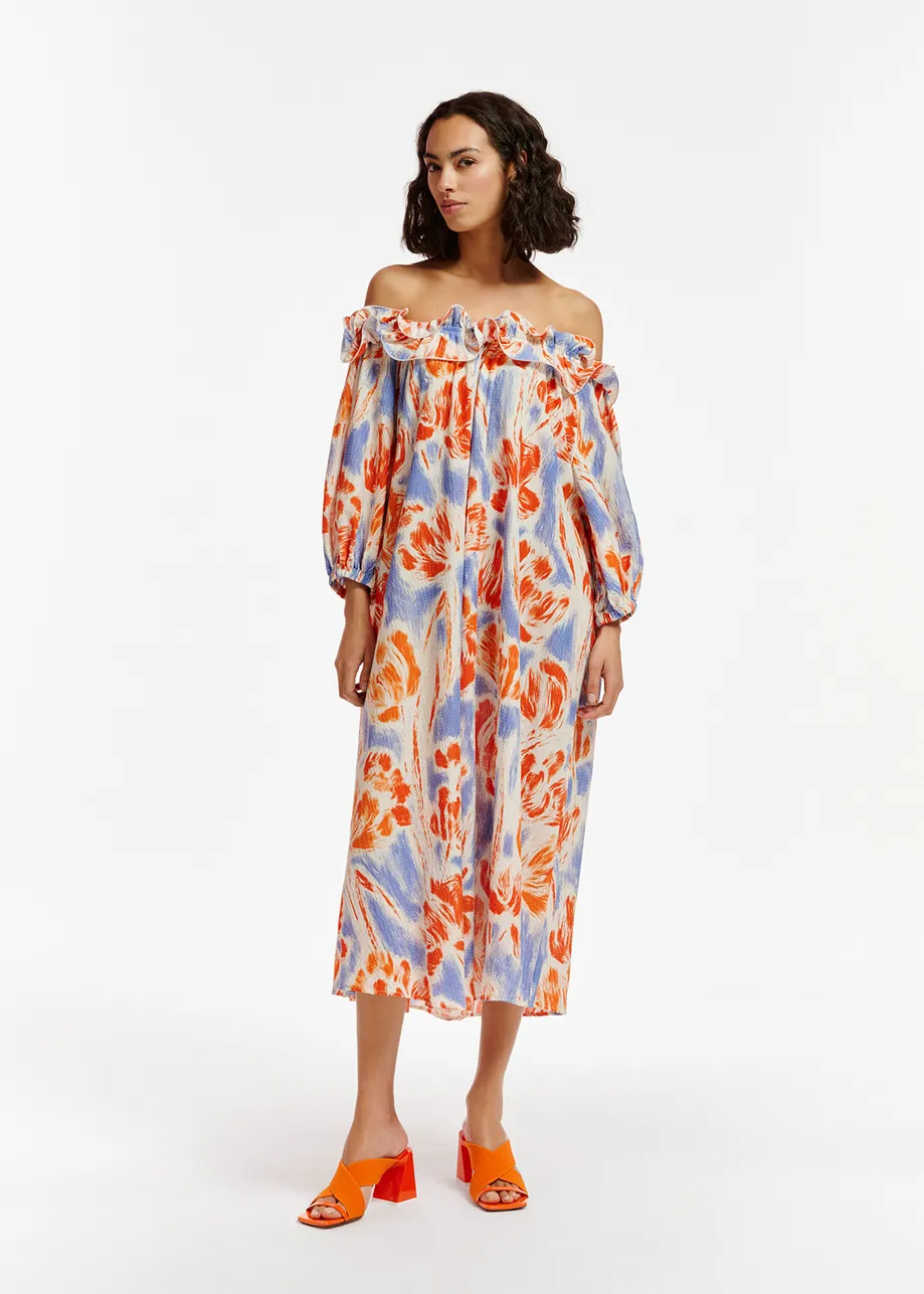 Light blue and orange floral print maxi-length dress