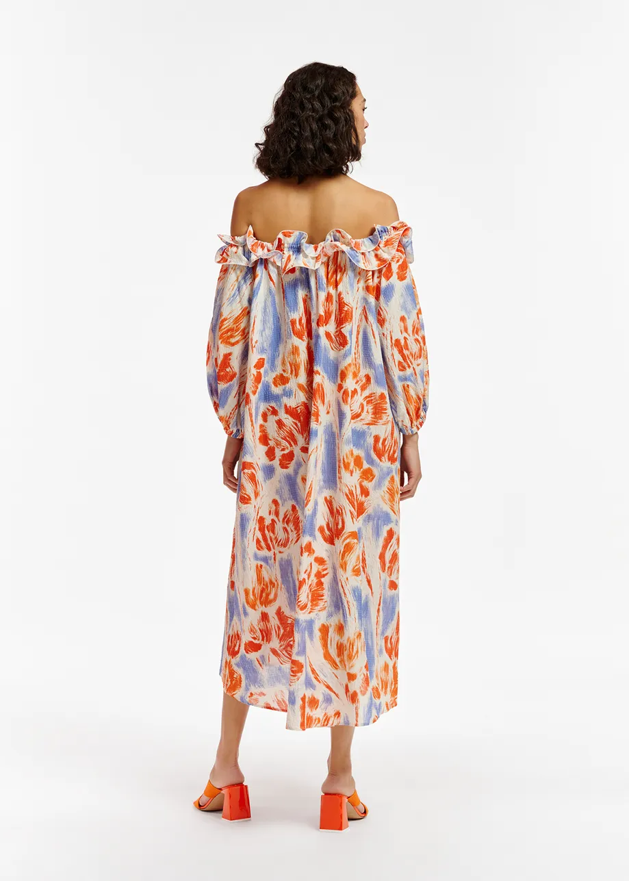 Light blue and orange floral print maxi-length dress