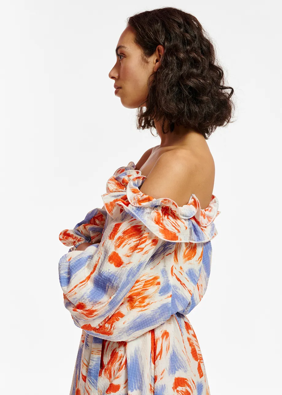 Light blue and orange floral print maxi-length dress