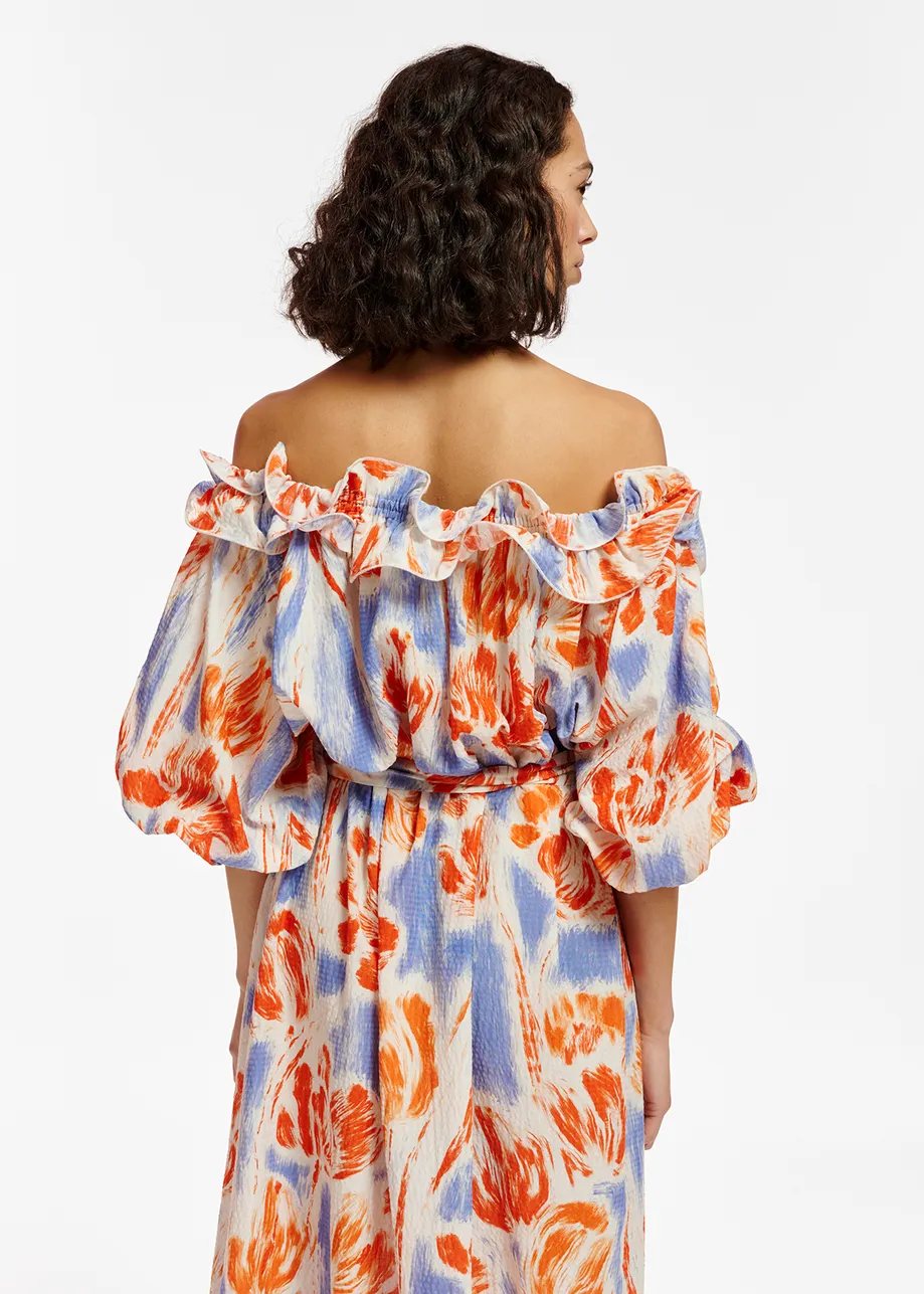 Light blue and orange floral print maxi-length dress
