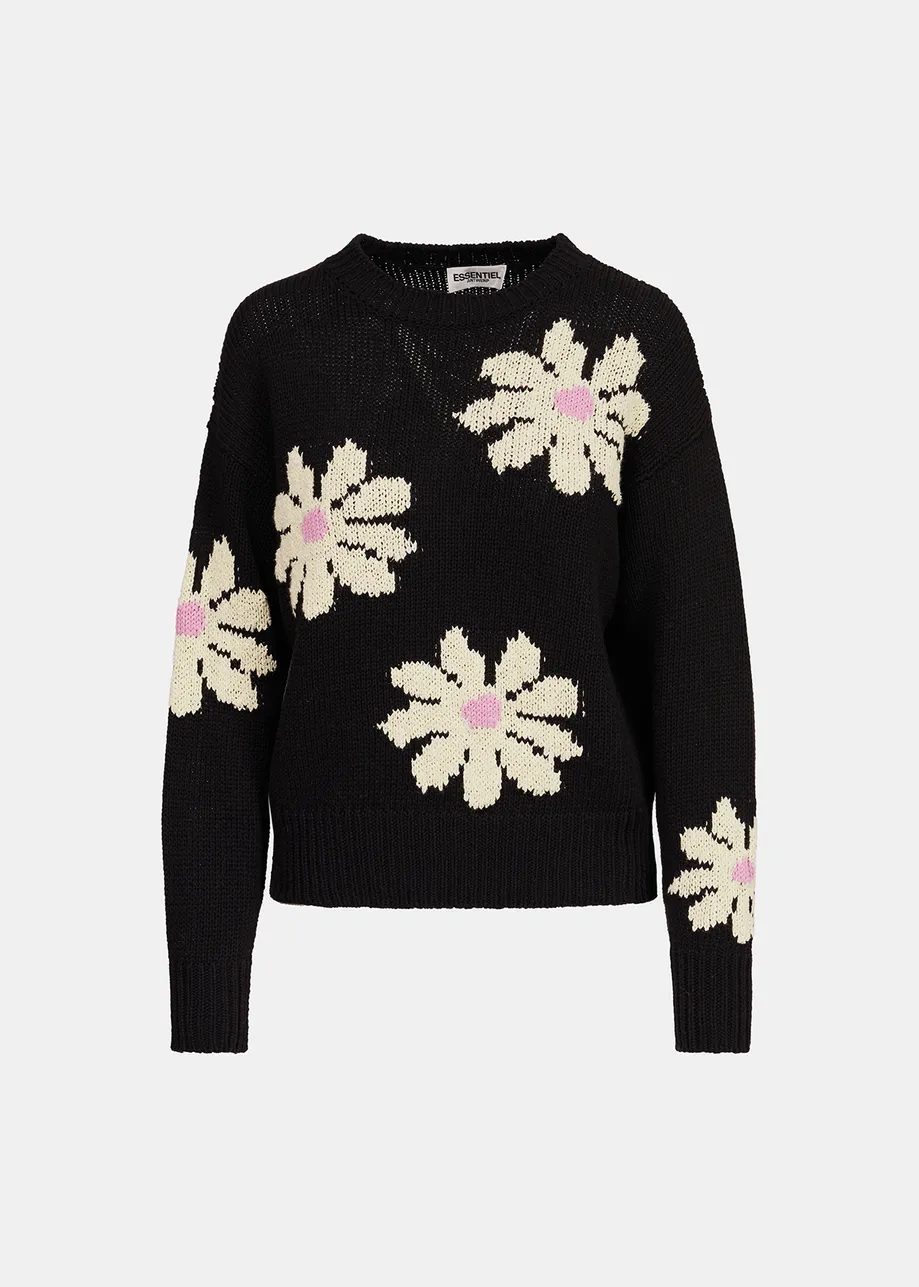 Black and off-white floral intarsia-knitted sweater