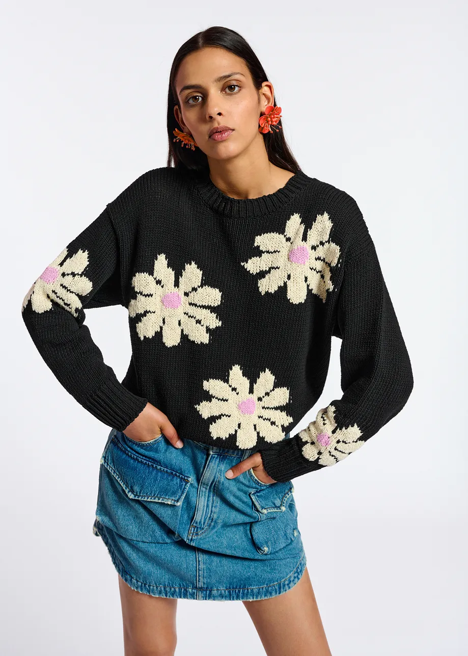 Black and off-white floral intarsia-knitted sweater