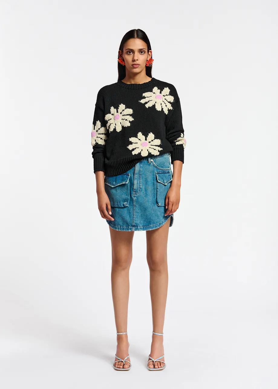 Black and off-white floral intarsia-knitted sweater