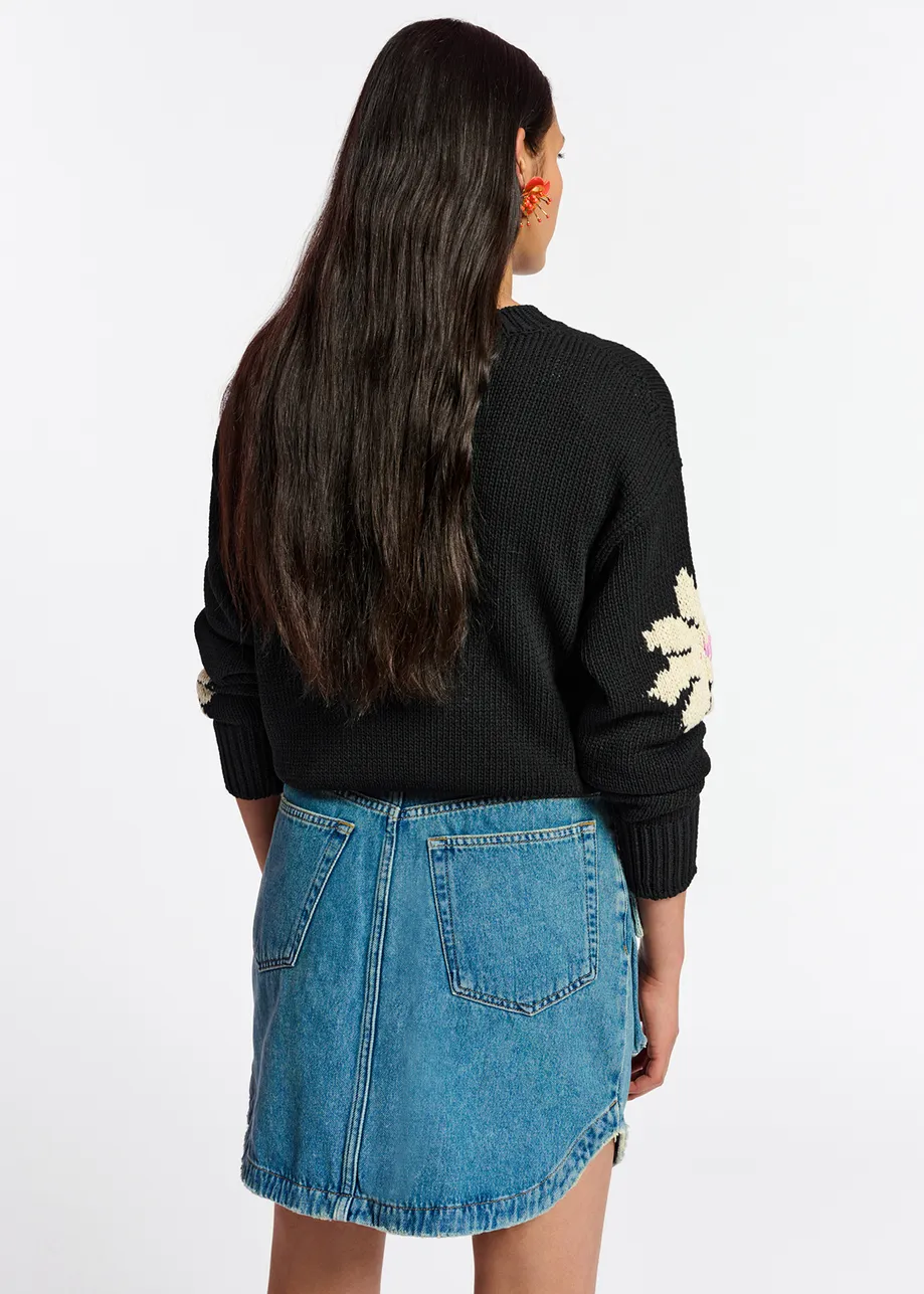 Black and off-white floral intarsia-knitted sweater