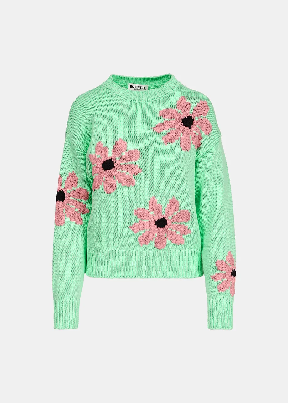 Pull intarsia vert menthe et rose à fleurs