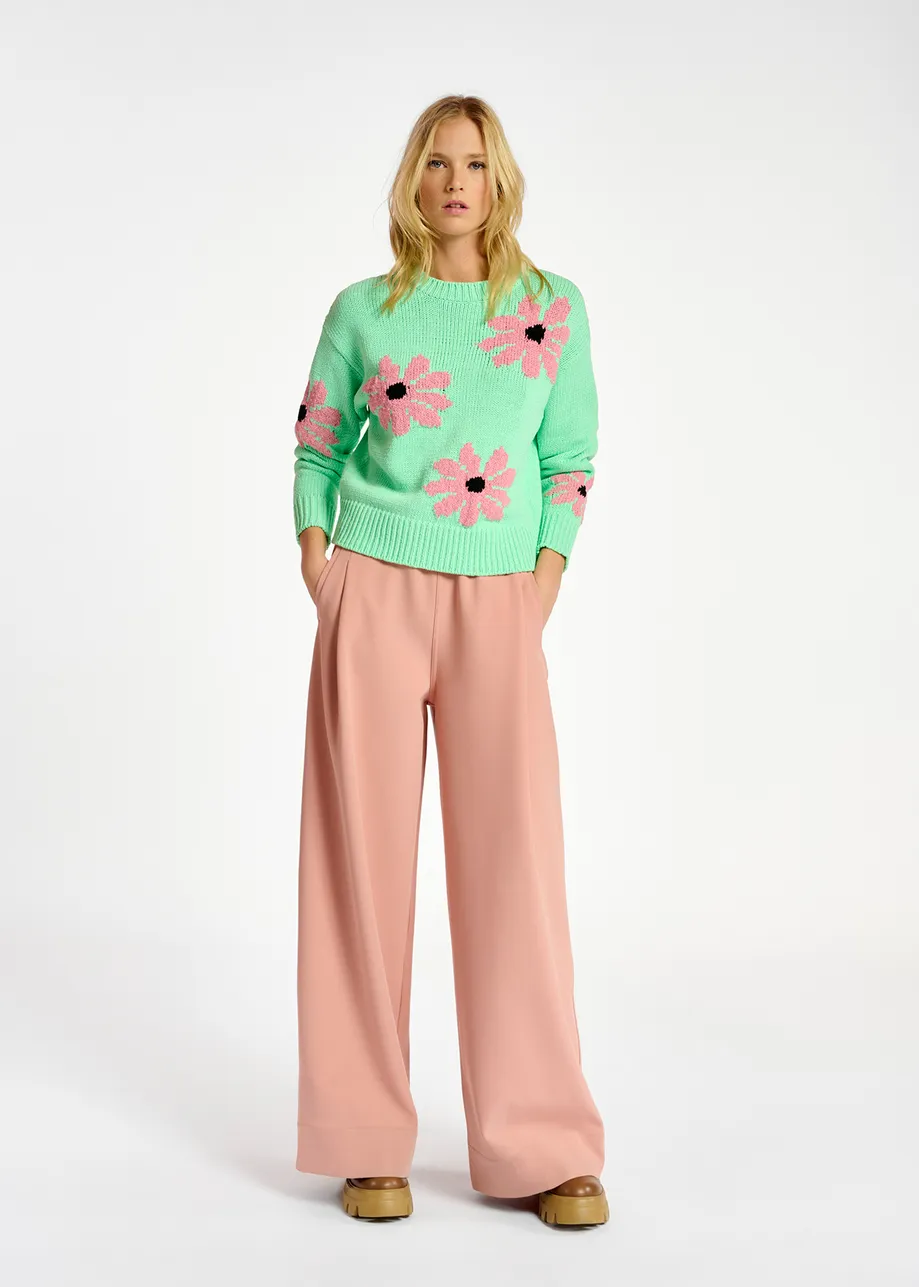 Pull intarsia vert menthe et rose à fleurs