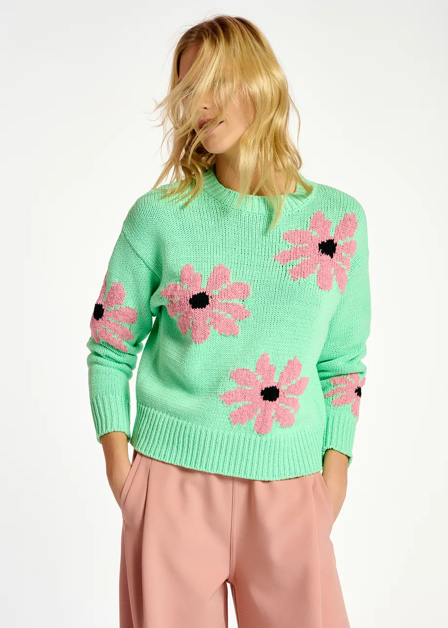 Pull intarsia vert menthe et rose à fleurs