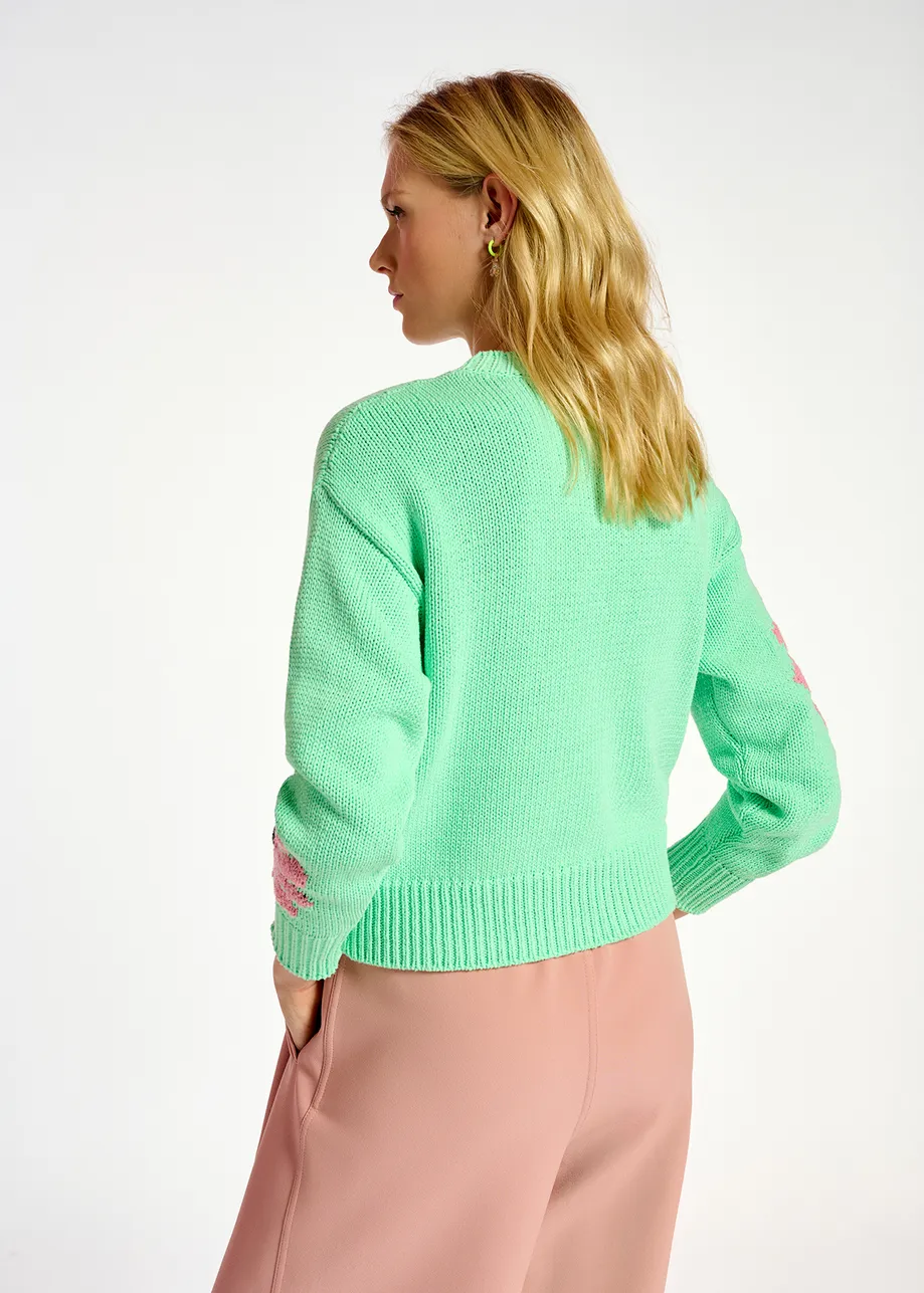 Pull intarsia vert menthe et rose à fleurs